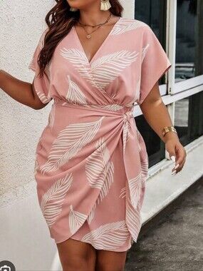 Dusty Pink Leaf-Print Wrap Mini Dress